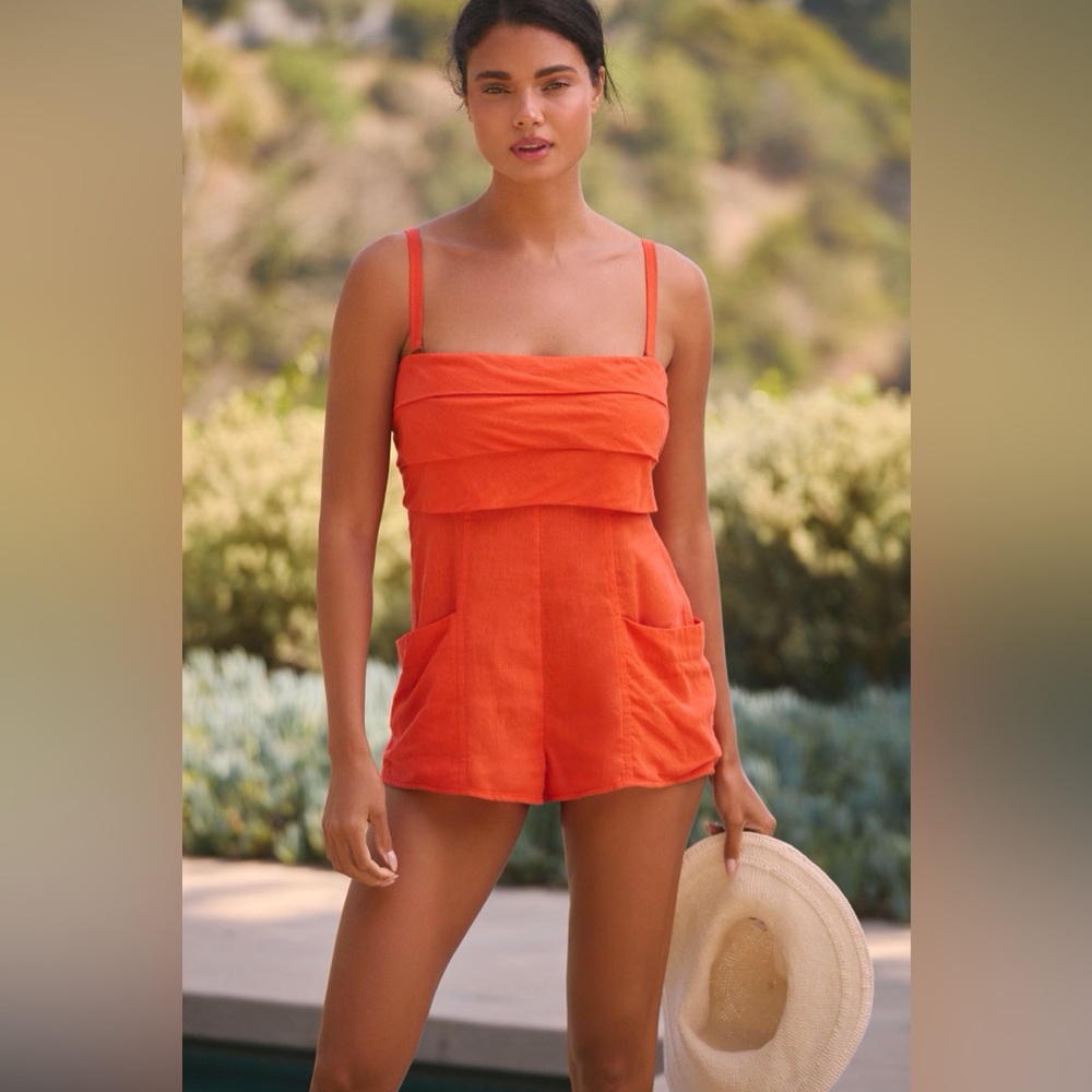 NWT Anthropologie Strapless Linen Romper in CHERRY, Size XL